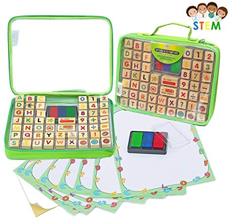 Alphabet Rubber Stamps - 67 Pcs. Set of ABC, Numbers, Emojis w/ Non-Toxic, Washable 3 Color Ink Pad and Carrying Case. Crafts for Children, Teachers and Parents. Fun Travel Toy for Kids. Amazing Gift!